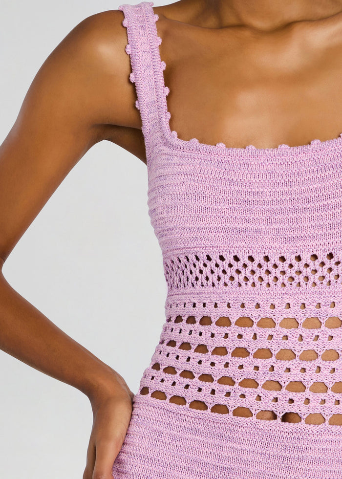 Close-up of lilac crochet tank top showing textured bodice and openwork midsection media 2 of 5