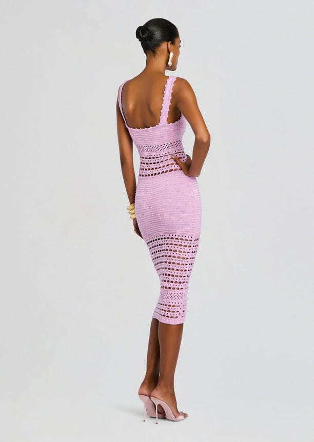 Back view of lavender Avril Knit Crochet Dress with crocheted panels and a fitted midi silhouette