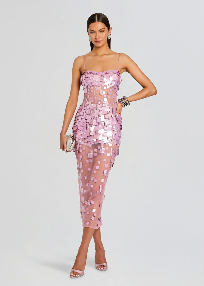 Front view of Carmin Embellished Dress in blush pink with spaghetti straps and allover square sequins media 1 of 5