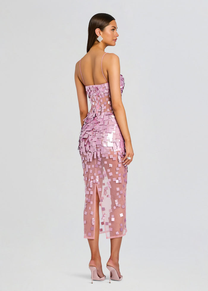 Back and side view of the pink Carmin Embellished Dress with thin straps and square sequin overlay media 4 of 5