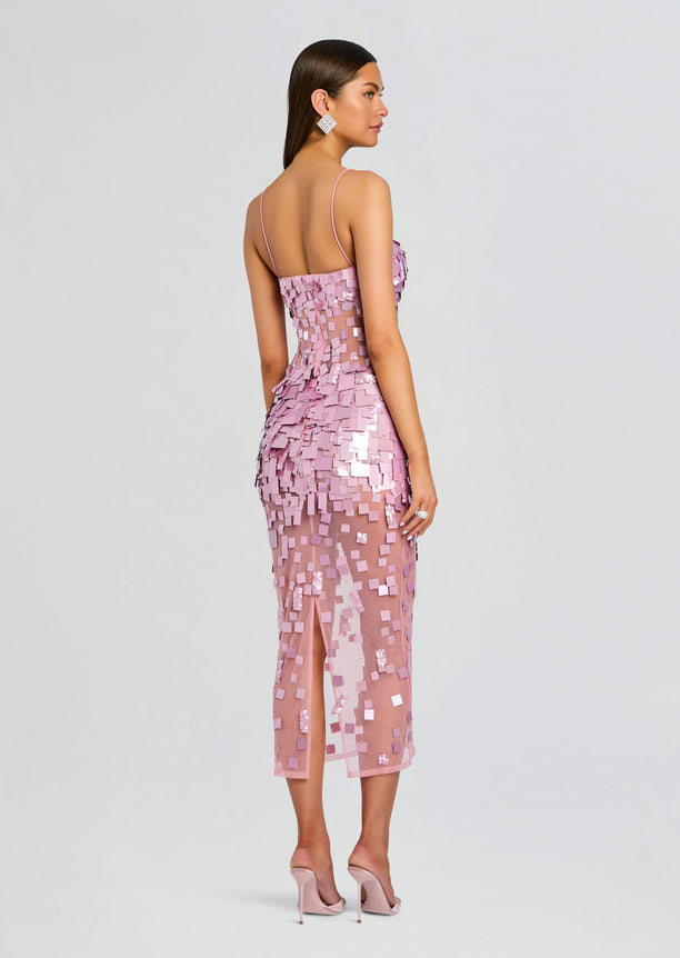 Back and side view of the pink Carmin Embellished Dress with thin straps and square sequin overlay