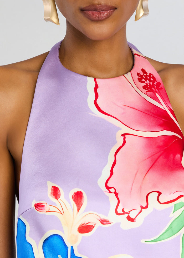 Close-up of the Drexley Dress halter neckline with a pastel lilac base and bold pink floral print. media 3 of 6