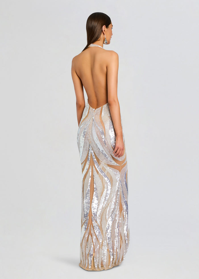 Back view of Emryn Embellished Dress with silver sequined panels and an open back media 5 of 6