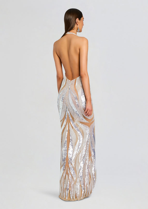 Back view of Emryn Embellished Dress with silver sequined panels and an open back