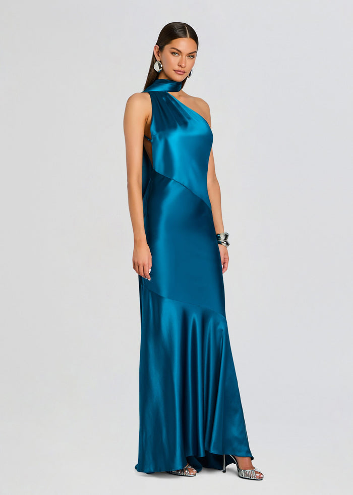 Full-length teal satin Kelsa Dress with asymmetrical neckline and matching neck scarf flowing down the back. media 4 of 6
