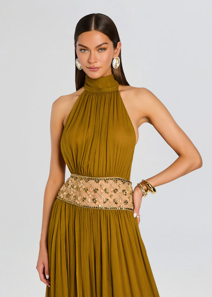 Kreeli Embellished Dress on a model with a mustard pleated bodice and a jeweled waist belt media 5 of 5