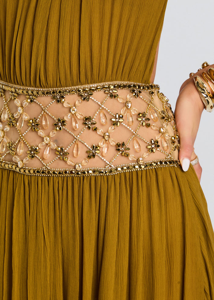 Embellished waistband of Kreeli dress with gold beads and floral motifs over sheer panel on mustard fabric. media 2 of 5