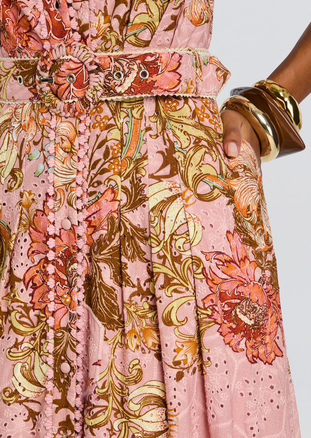 Close up of the pink floral Sula Long Shirt Dress showing the belt with round buckle at the waist