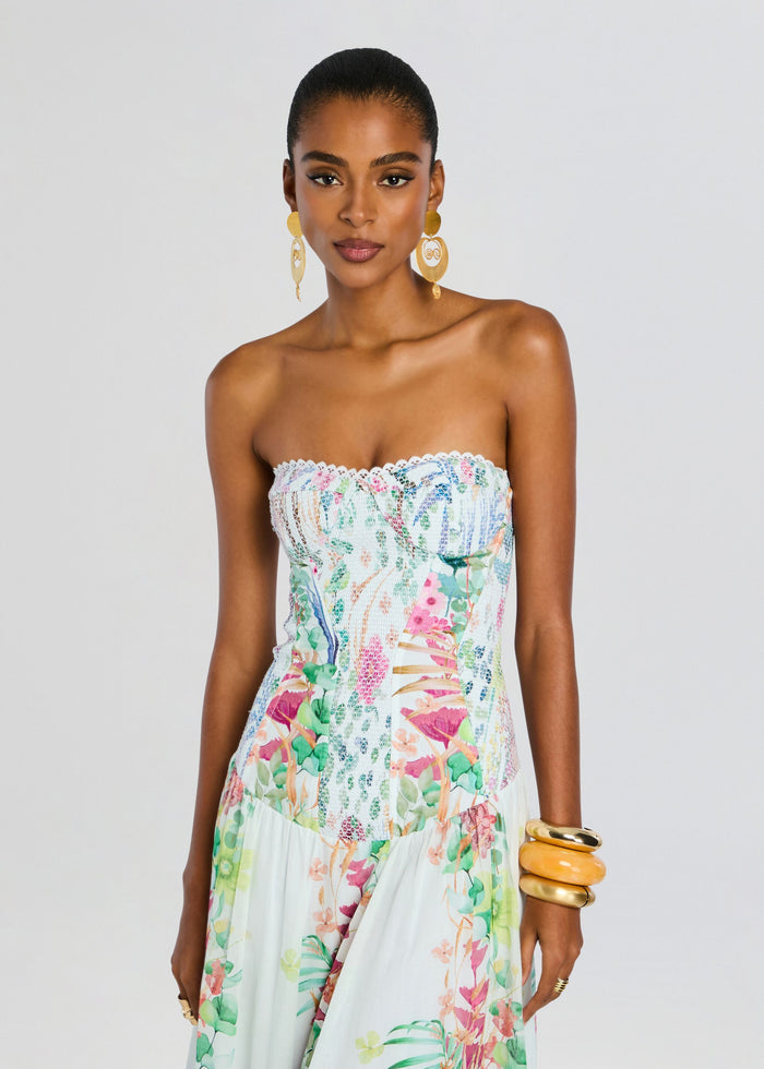 Front view of Illyr Long Dress with a strapless lace trimmed bodice and vibrant garden print. media 5 of 5