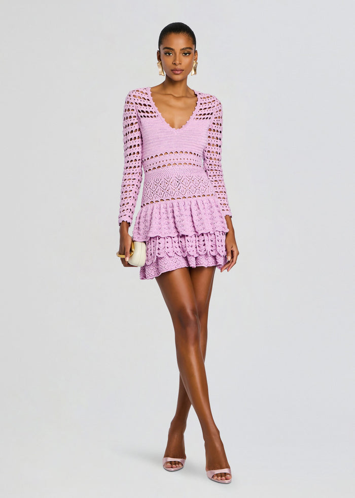 Lujayn Crochet Dress in lavender with long sleeves, a V neck, and a tiered crocheted mini skirt. media 1 of 6