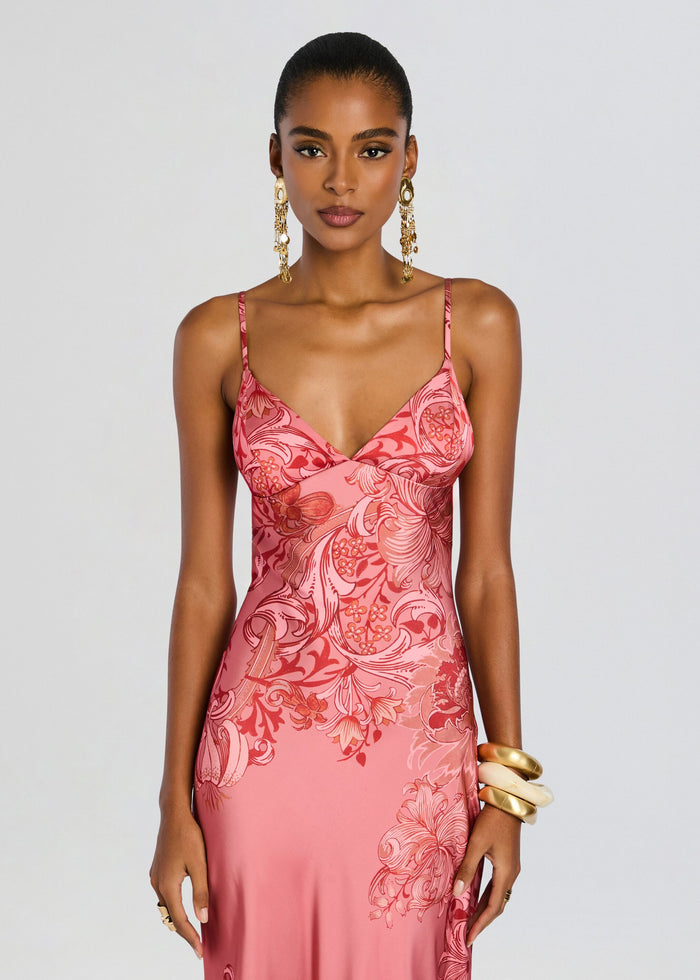 Front view of model in pink Vine Maxi Dress with a V neck and bright floral print. media 5 of 5
