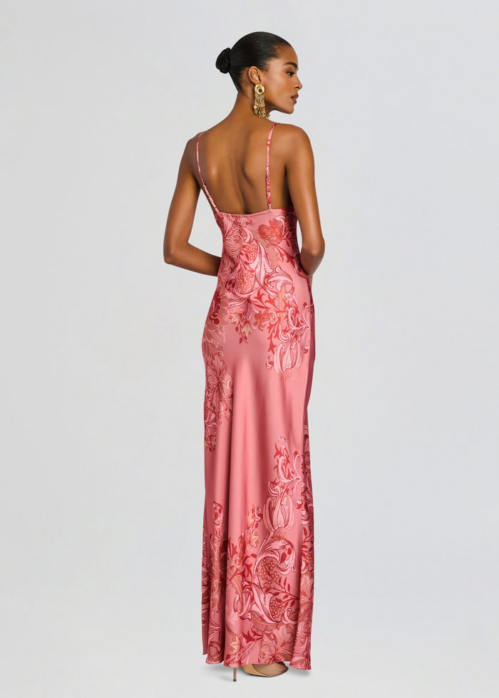 Back view of pink Vine Maxi Dress on a model, showing a low back and slim straps. media 4 of 5