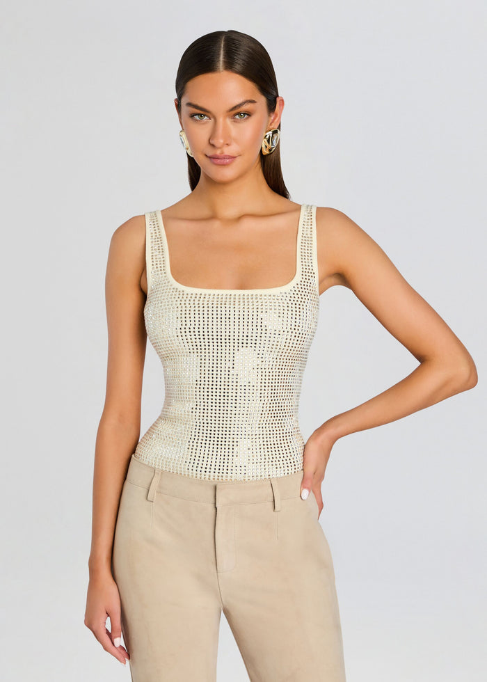 Cream embellished knit tank top with a square neckline and grid of square studs media 1 of 5