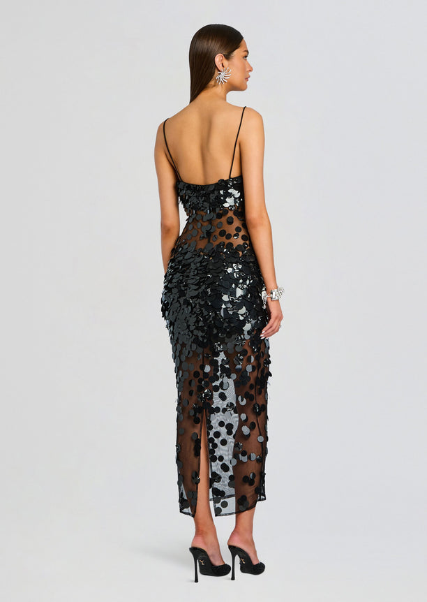 Back view of Mischa Sequin Dress showing thin straps and sheer mesh covered with black sequins