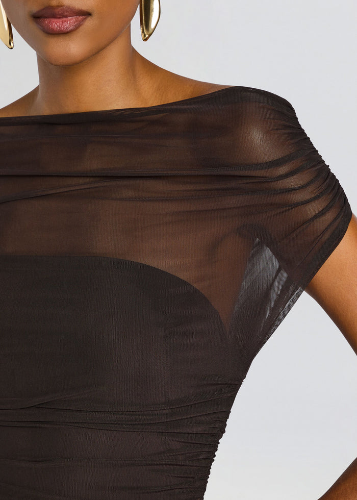 Close-up of the Noel Gown bodice with sheer mesh shoulder and ruched fabric in dark chocolate brown. media 2 of 5