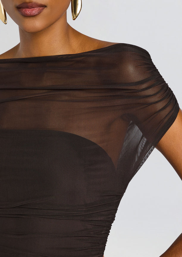 Close-up of the Noel Gown bodice with sheer mesh shoulder and ruched fabric in dark chocolate brown.