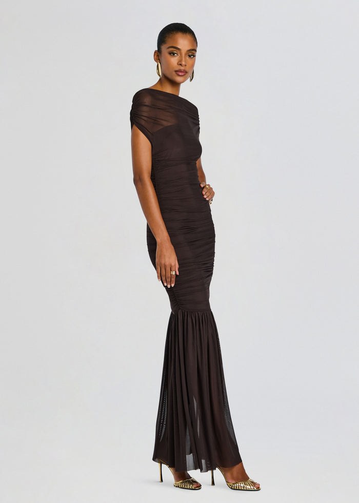 Noel Gown in rich chocolate satin with ruching along the bodice and a sheer mermaid hem, paired with gold heels media 3 of 5