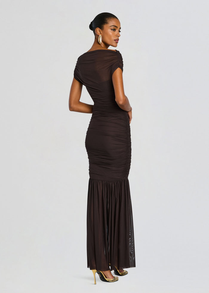 Back view of a chocolate brown Noel Gown with ruched bodice and sheer mermaid hem media 4 of 5