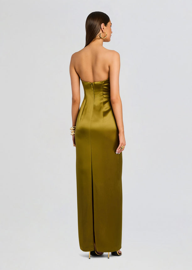 Back view of Olivine Dress in olive satin, strapless, floor-length gown with a center back zipper.