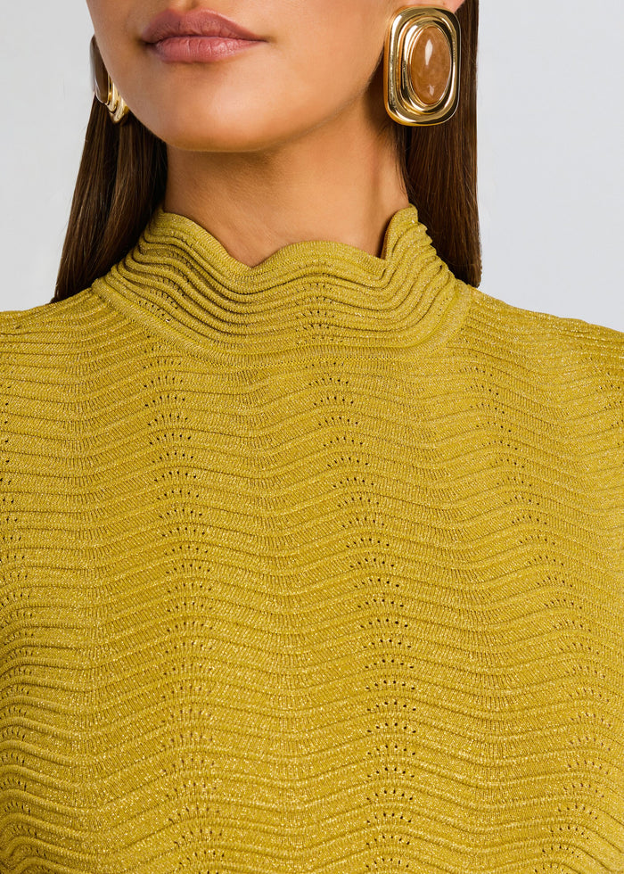 Close up of the Prissy Knit Top showing the high neck and repeating ribbed waves. media 3 of 6