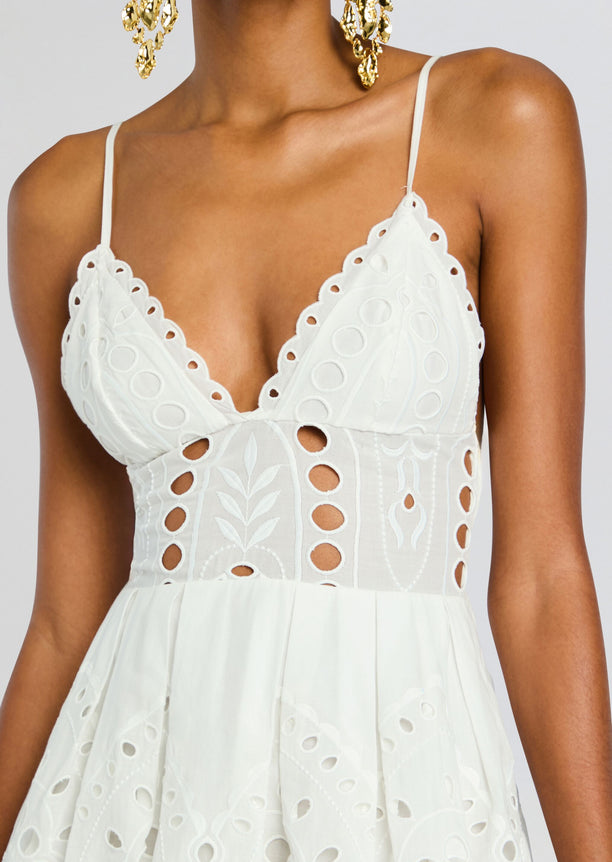 White Nix Short Dress bodice with scalloped eyelet trim and thin spaghetti straps.