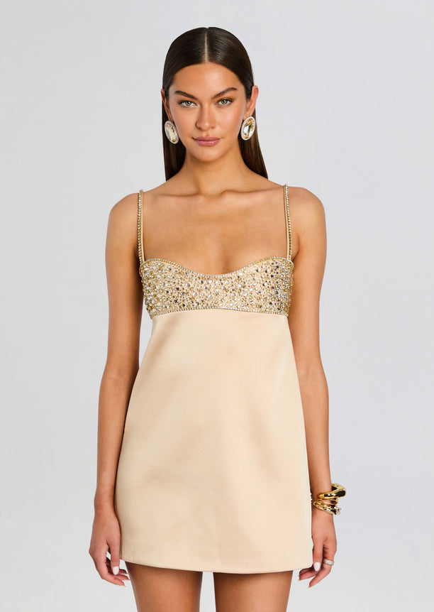 Shyla Embellished Dress in champagne with a bejeweled bodice and thin straps