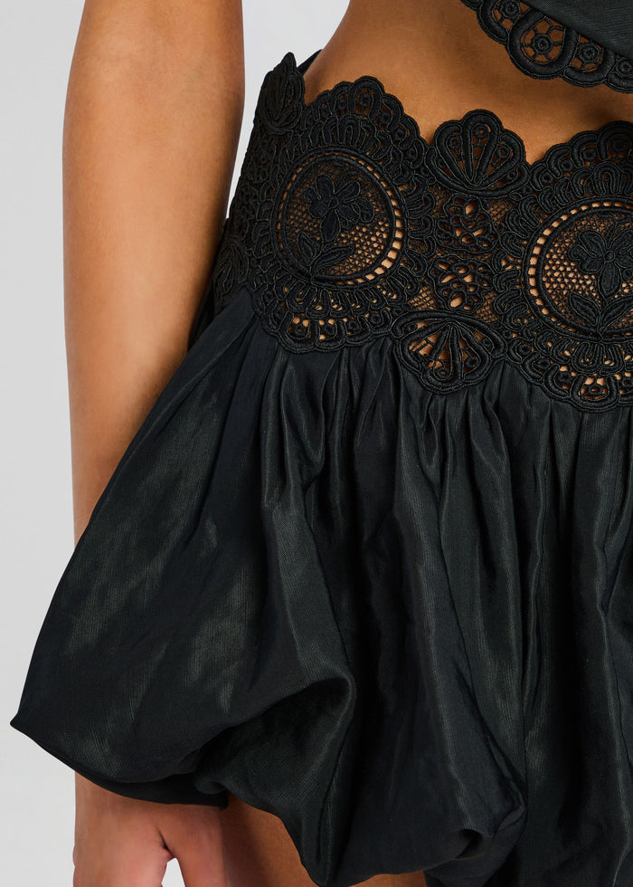 Close-up of the black floral lace waistband on the Leighton Skirt. media 3 of 5