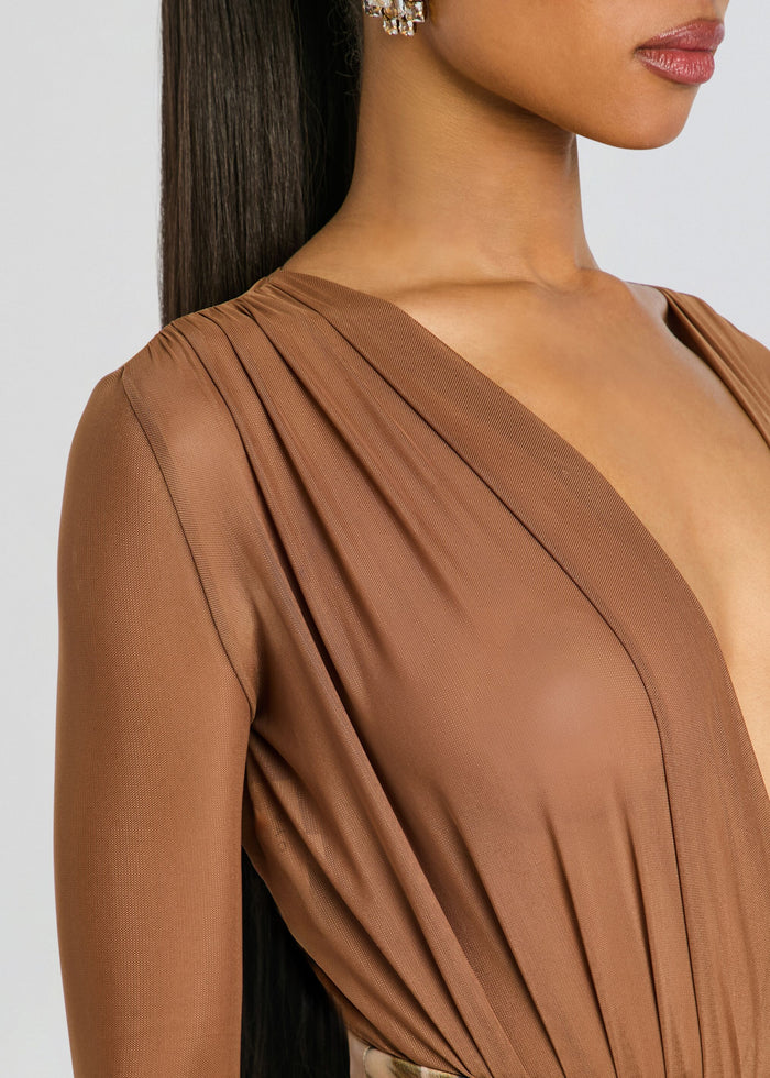 Close up of Agnes Bodysuit showing bronze brown draped neckline and pleated shoulder. media 3 of 5