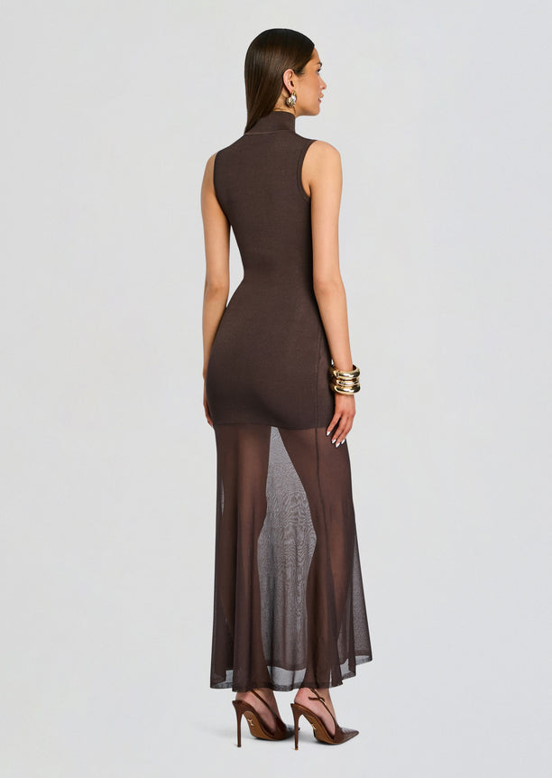 Back view of Amine Knit Maxi Dress showing sleeveless silhouette and sheer floor-length skirt