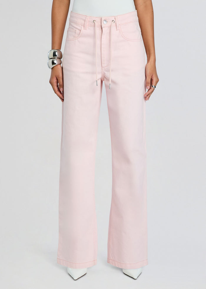 Pale pink high-waisted wide-leg denim pant with drawstring waist and front pockets media 1 of 5