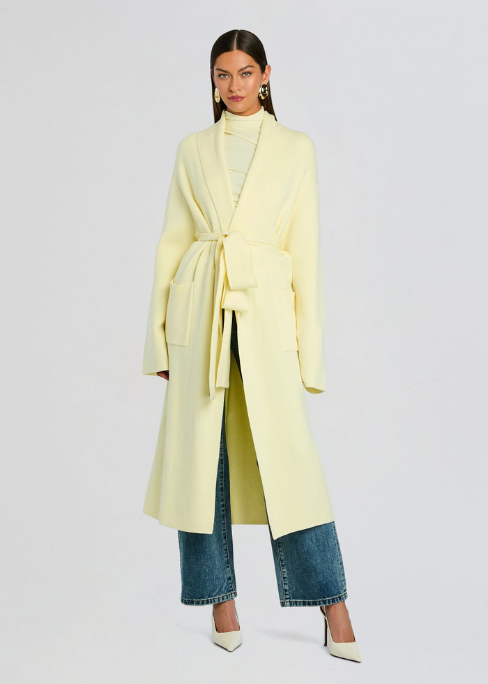 Crosby Sweater Duster pale yellow worn front view with tie waist and large front patch pockets media 3 of 5