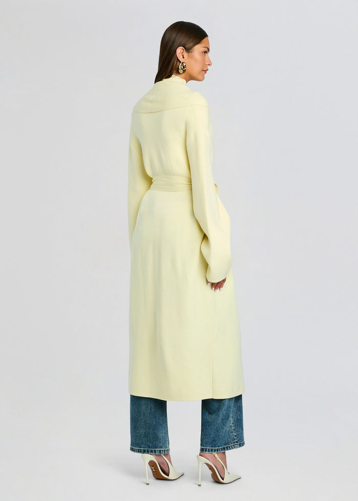 Crosby Sweater Duster pale yellow back view showing belt at the waist and long silhouette over jeans media 5 of 5