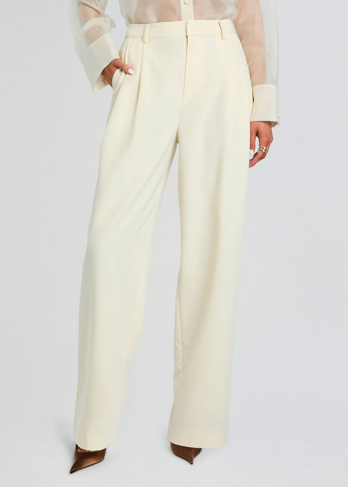 Ivory Sonya Pant with high waist belt loops and tailored wide legs. media 1 of 5