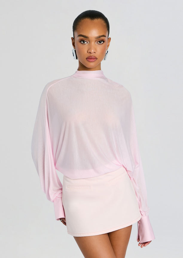 Hawkes Bodysuit in soft pink with a sheer draped top and a pale pink mini skirt