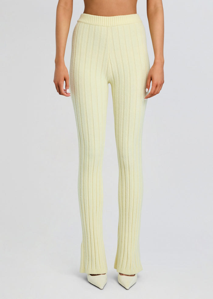 Front view of pale yellow Velira Knit Pant with high waist and vertical rib knit pattern. media 1 of 5