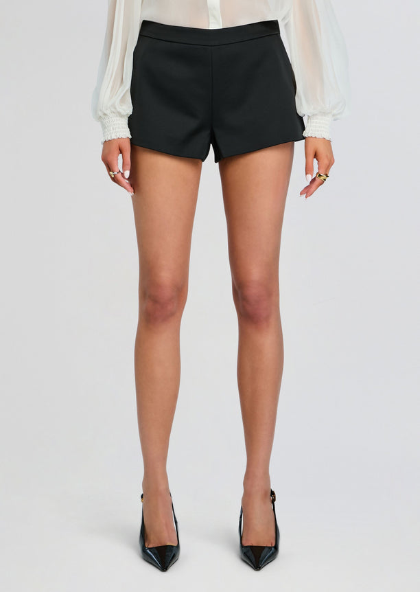 Front view of a woman wearing black high-waisted shorts with a sheer white blouse and black pointed heels