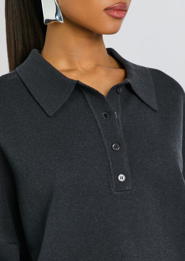Close up of Vespen Sweater neckline showing polo collar and button placket
