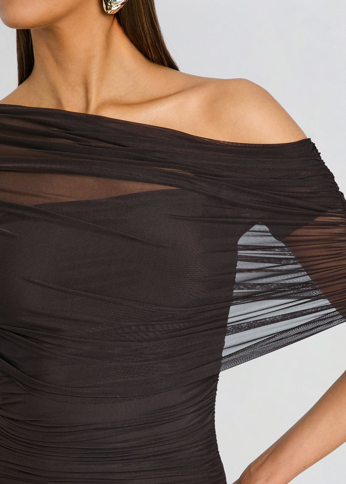 Nyssa Mesh Midi Dress close-up of off-shoulder neckline and sheer ruched mesh fabric media 2 of 5