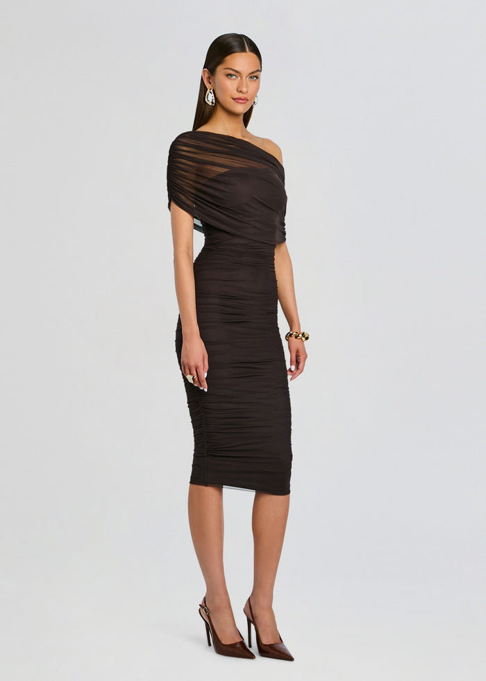 Full-length model wearing Nyssa Mesh Midi Dress with an off-shoulder draped neckline and ruched silhouette media 3 of 5
