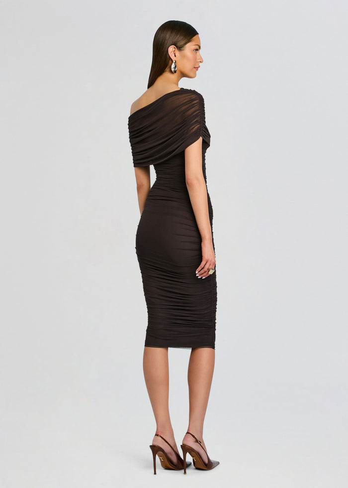 Back view of Nyssa Mesh Midi Dress on a model showing a fitted ruched skirt and knee-length hem media 4 of 5