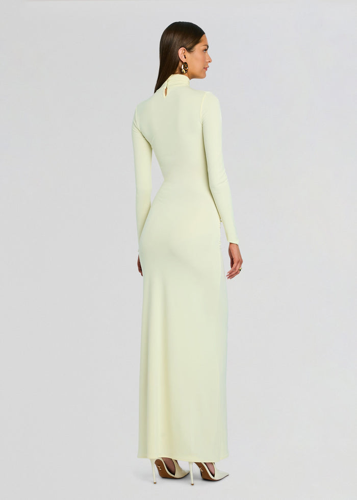 Back view of pale yellow Oona Maxi Dress showing a high neck and small back keyhole opening media 4 of 5