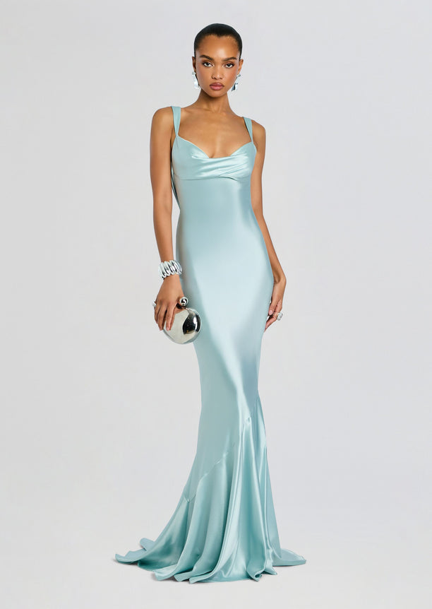 Front view of Vinicia Dress in pale mint satin with a soft draped neckline and mermaid silhouette