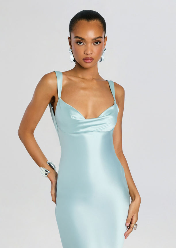 Vinicia Dress in icy mint satin with a draped cowl neckline and slim shoulder straps on a model