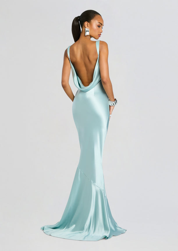 Back view of a pale mint satin Vinicia Dress with a low draped back and thin straps