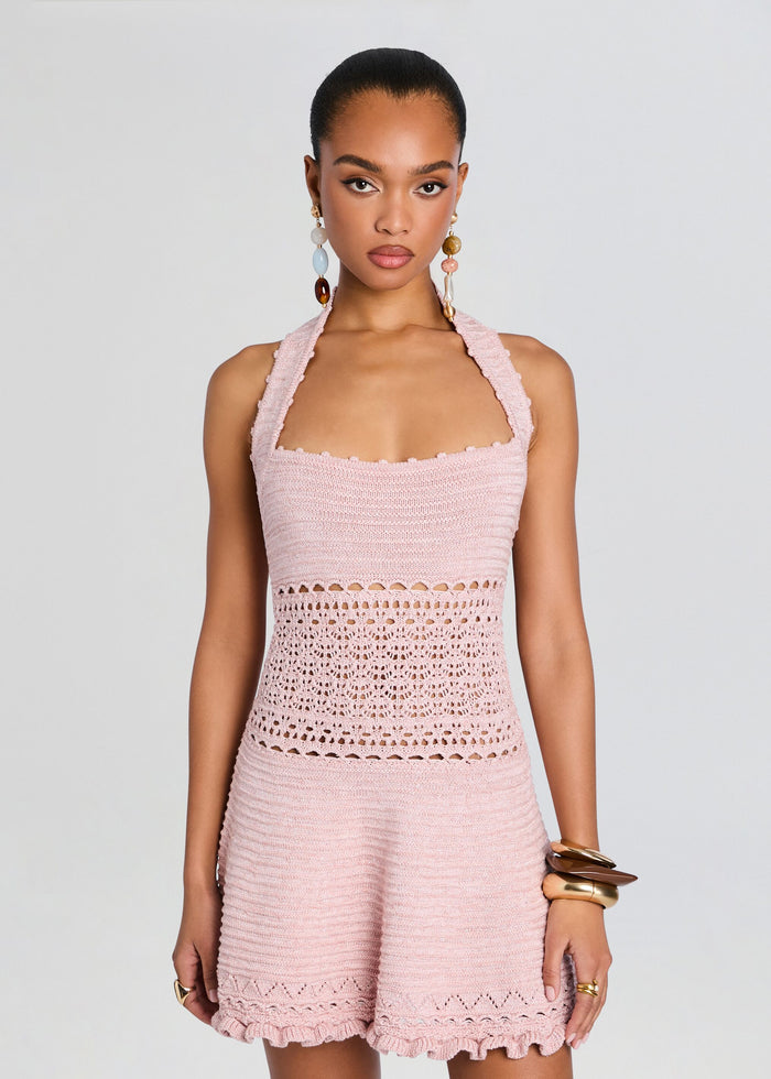 Front view of blush pink Agnie Crochet Dress with halter neckline and scalloped hem media 5 of 5