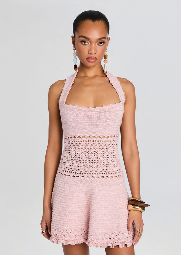 Front view of blush pink Agnie Crochet Dress with halter neckline and scalloped hem