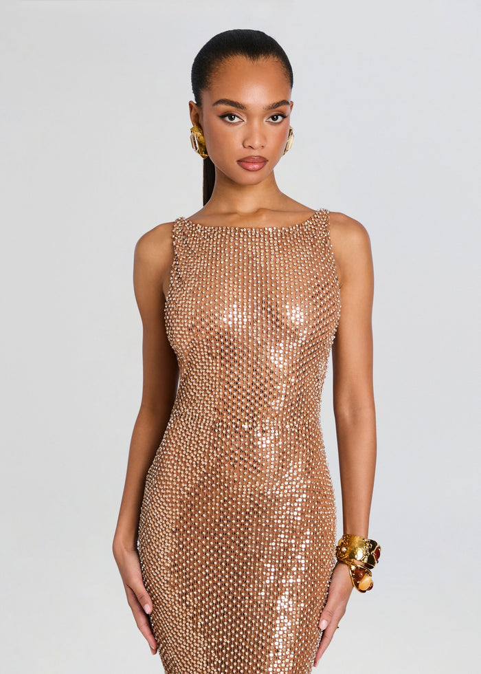Model wearing Asha Sequin Dress, champagne sequin bodycon gown with sleeveless design. media 5 of 5