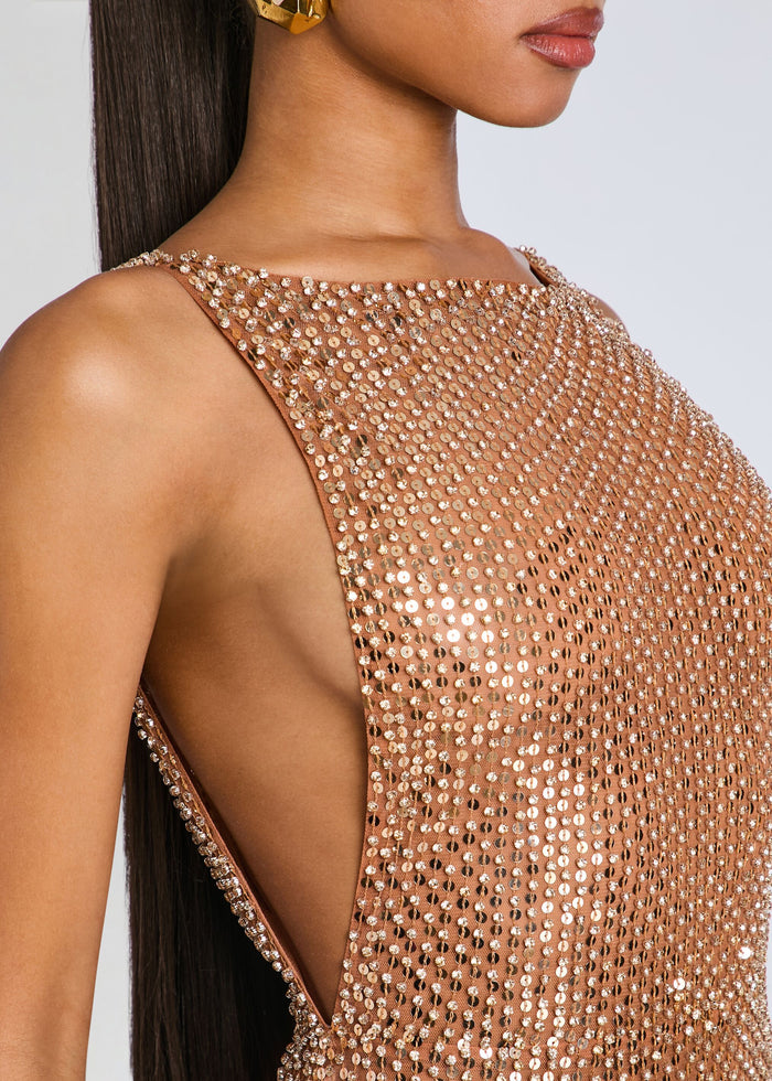 Close-up of rose gold sequin bodice on Asha Sequin Dress at the shoulder and neckline media 2 of 5