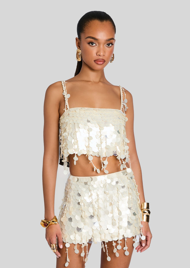 Eudora Embellished Top with white circular sequins and beaded straps