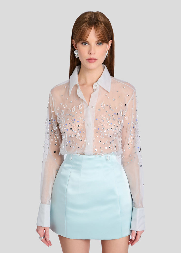 Model wearing sheer Eugenia Embellished Blouse covered in crystals with a white collar media 1 of 6